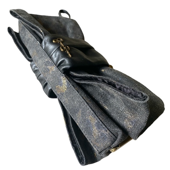 Jessica Simpson Canvas Bow Wristlet Black Gold 10” x 5” EUC - Picture 3 of 7